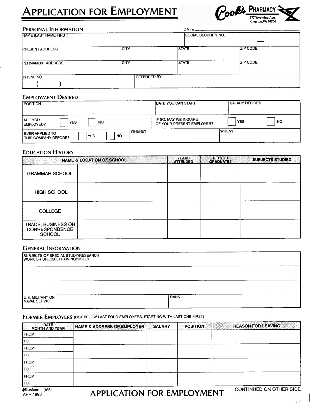 Printable Employment Application | room surf.com