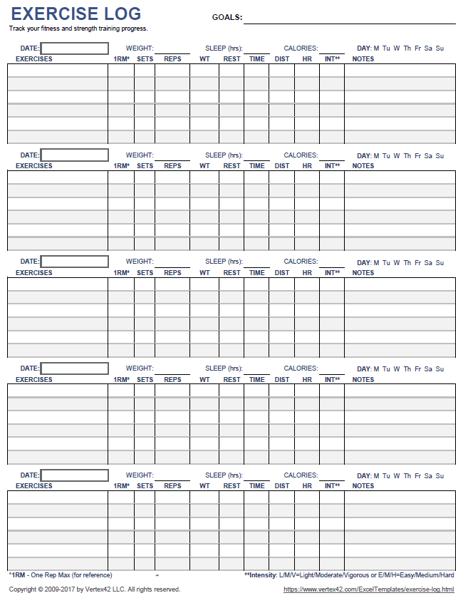 Printable Exercise Log | room surf.com