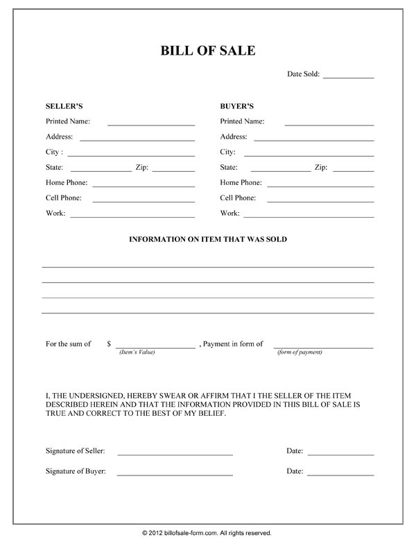 Printable General Bill Of Sale Room Surf