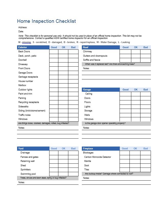 20+ Printable Home Inspection Checklists (Word, PDF) Template Lab