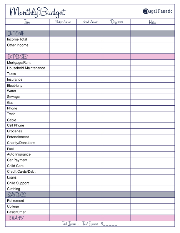 Printable Monthly Budget Sheet