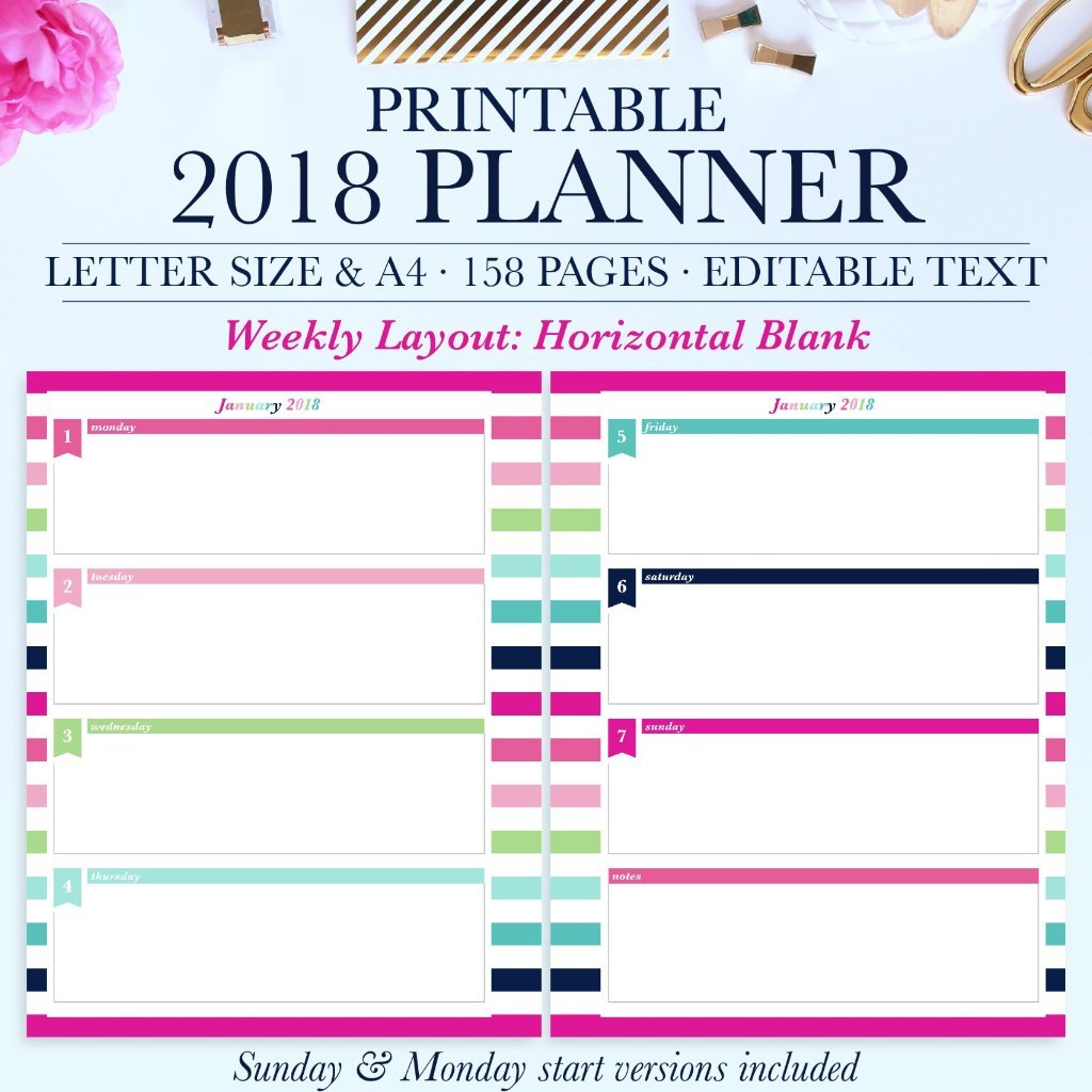 2018 Printable Planner: Horizontal Blank, Letter & A4 – Jessica 