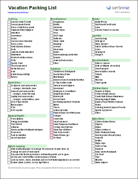 Printable Vacation Packing List | room surf.com