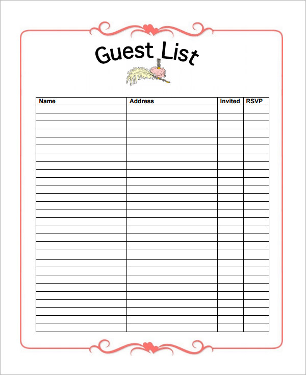 Printable Wedding Guest List Template room surf com