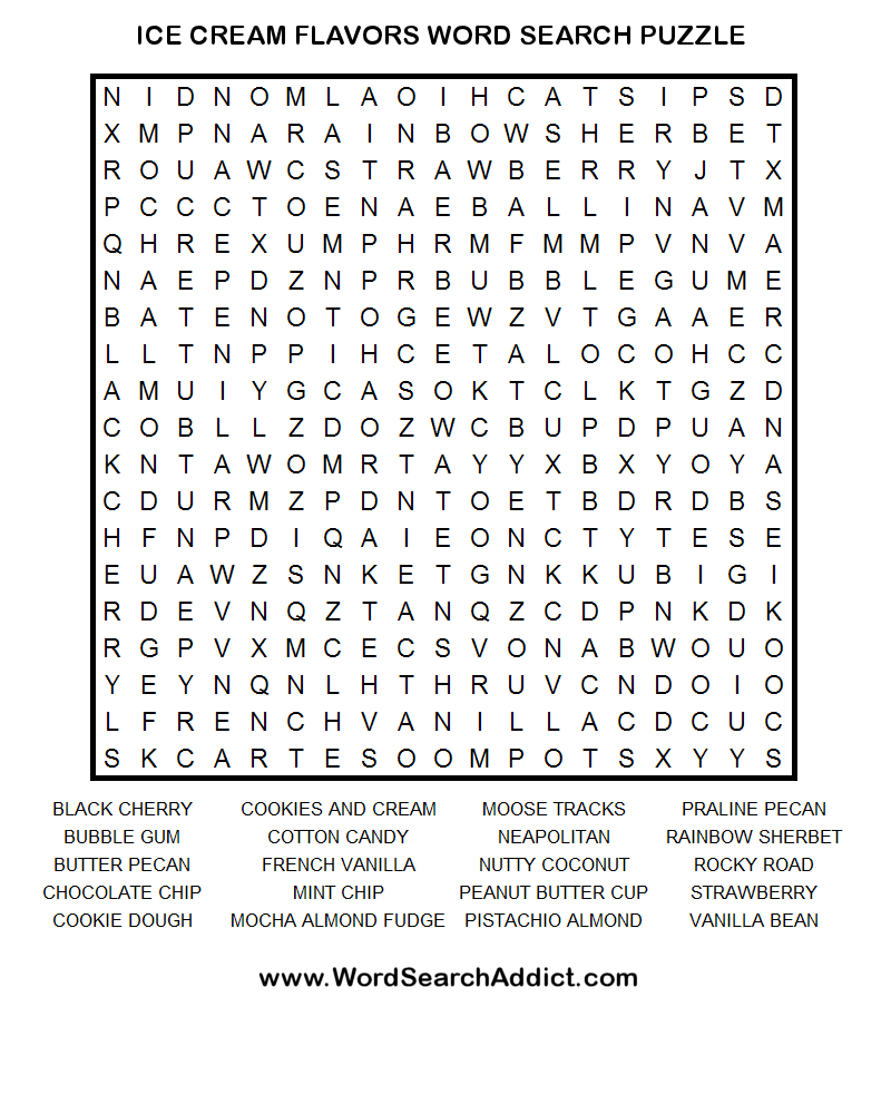Ice Cream Flavors Printable Word Search Puzzle