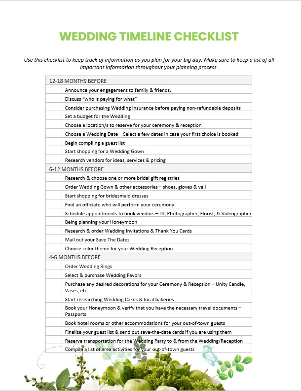 Editable Wedding Planning Checklist