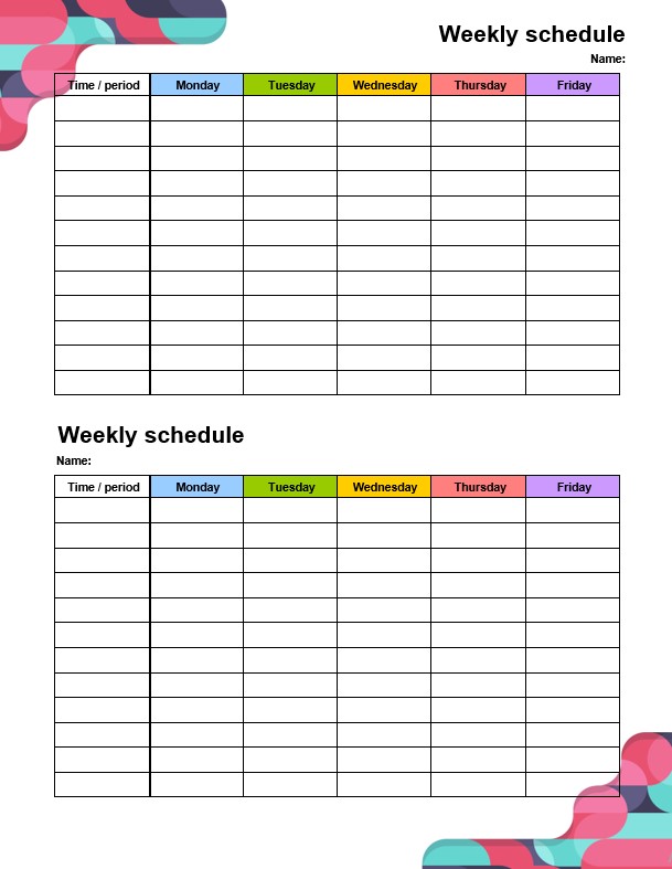Printable weekly schedule color 1