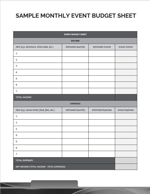 Sample Monthly Event Budget Sheet Template