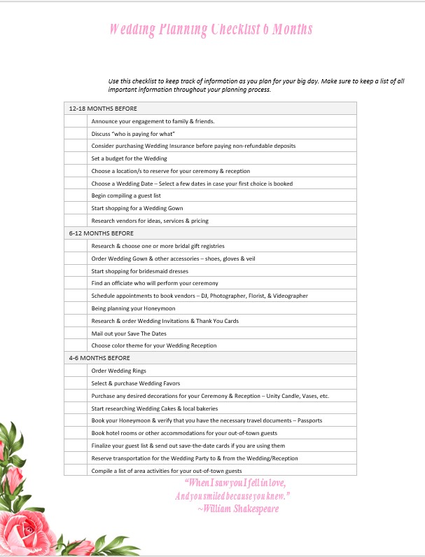 Wedding Planning Checklist 6 Months