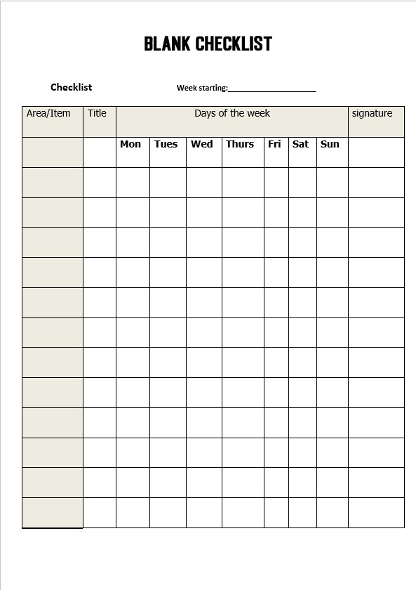 blank checklist template