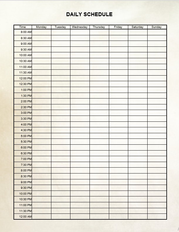 Planning Daily Schedule Template