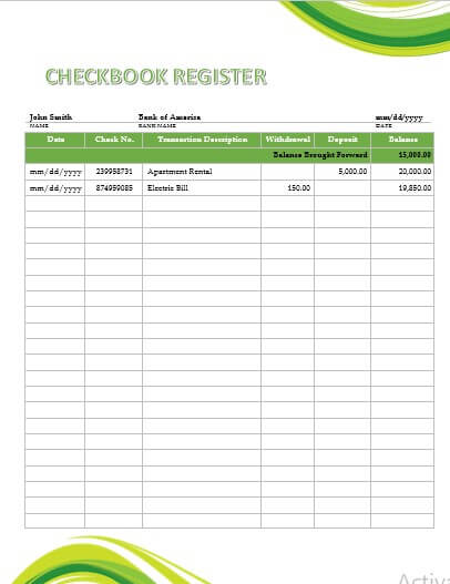 Free Printable Checkbook Register 