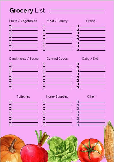 Vegetable Grocery List Template