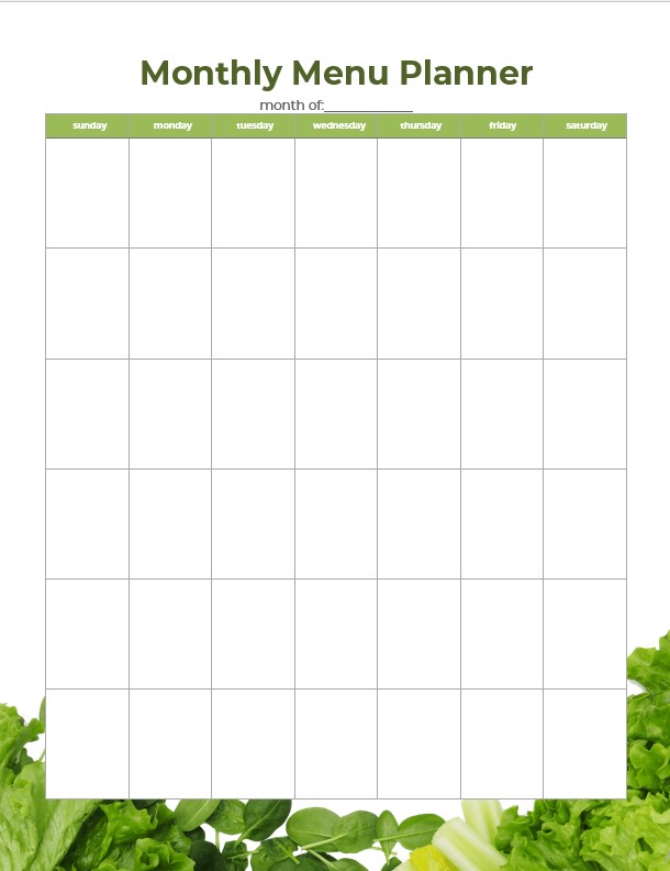 Printable Monthly menu planner Template