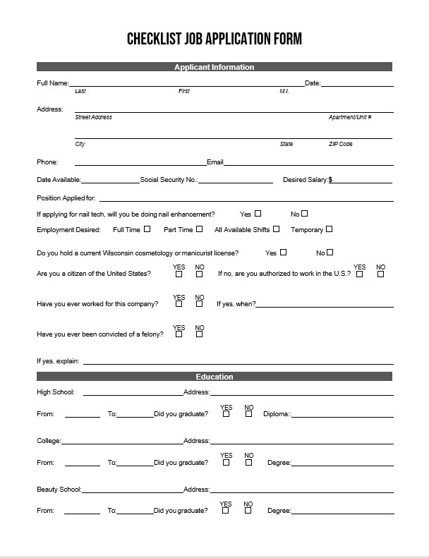 Checklist Job Application Form