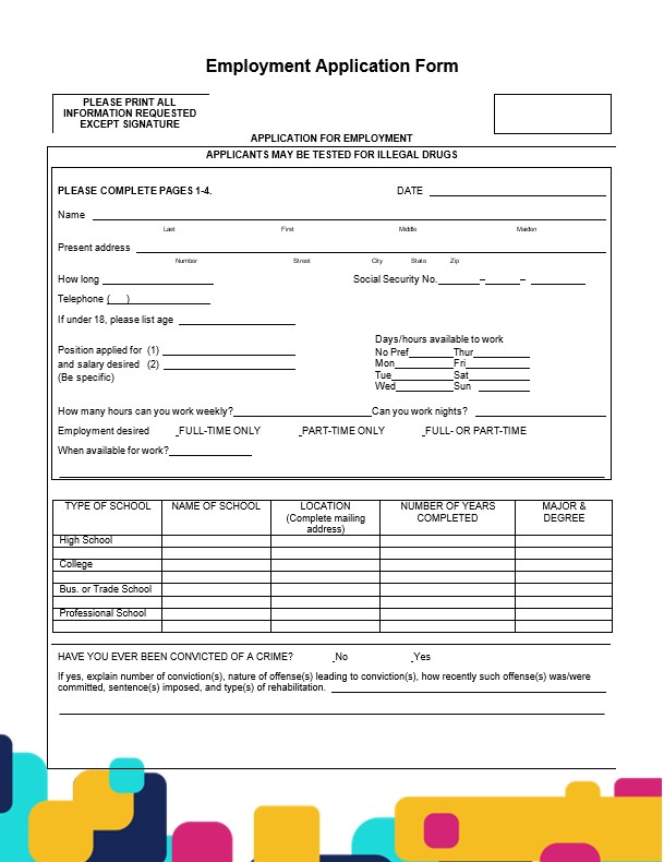 Printable employment application template