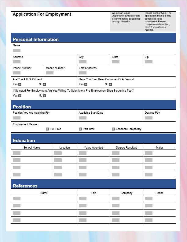Printable job application form