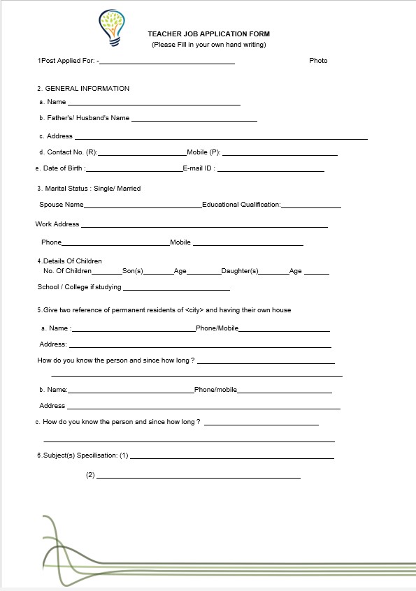Teacher Job Application Form Template