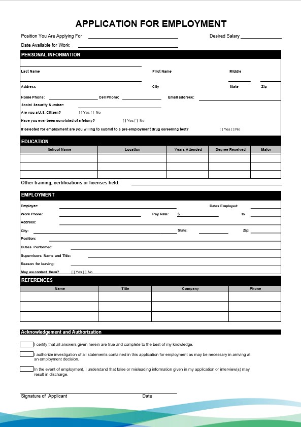 employment application template