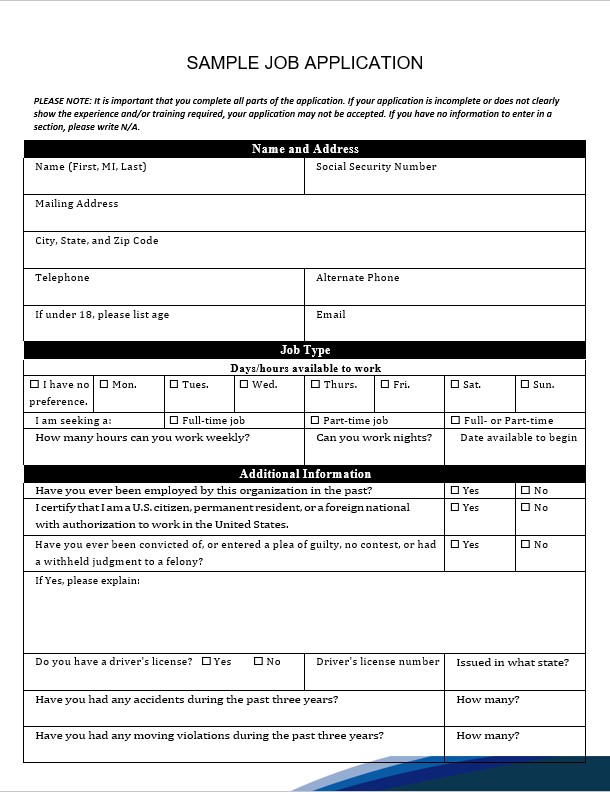 template sample job application form