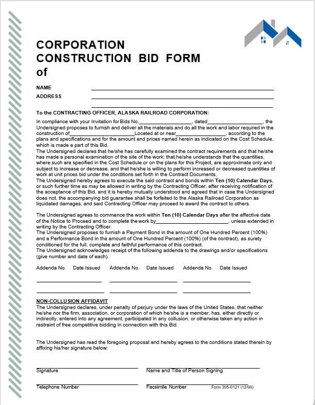 Corporation Construction Bid Form