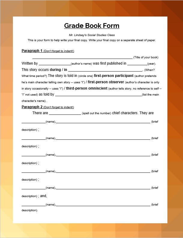 gradebook form template
