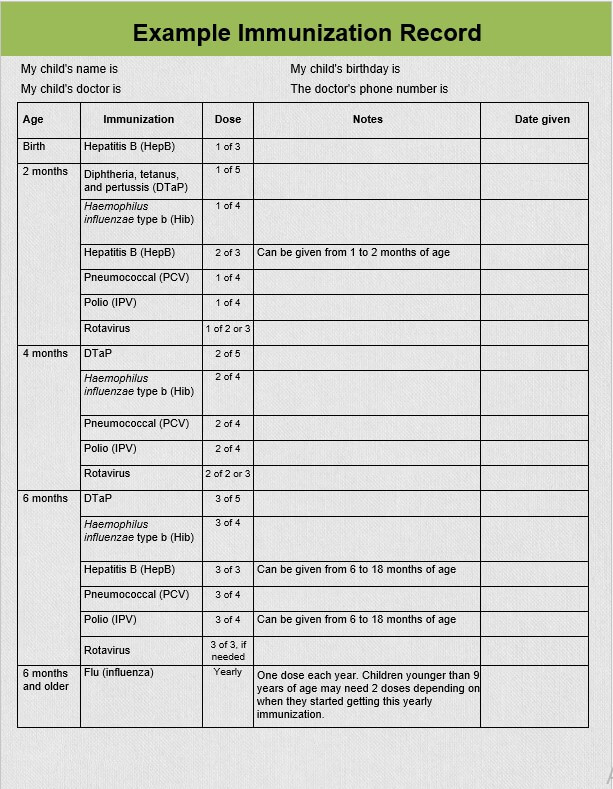 printable immunization record form