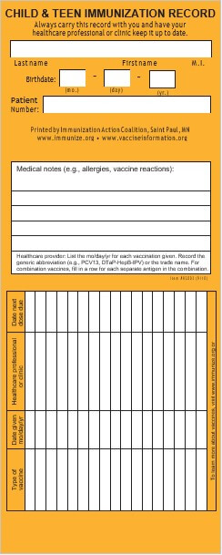 child and teen immunization record card