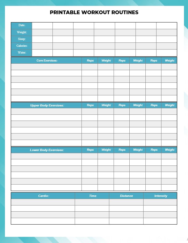 printable workout routines template