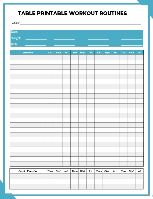 table printable workout routines
