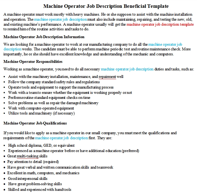 Machine Operator Job Description Beneficial Template | room surf.com