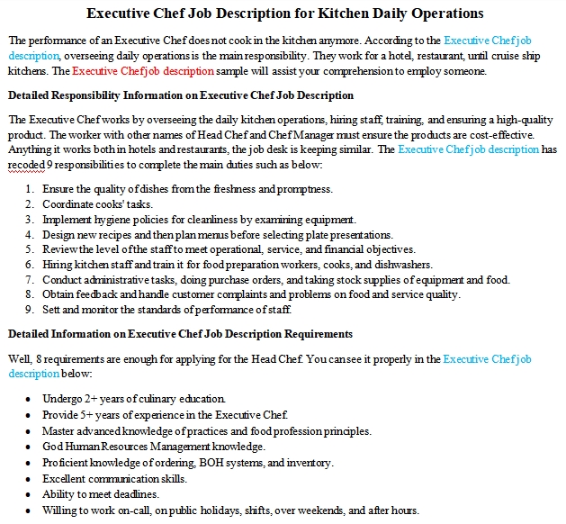 Executive Chef Job Description For Kitchen Daily Operations Room