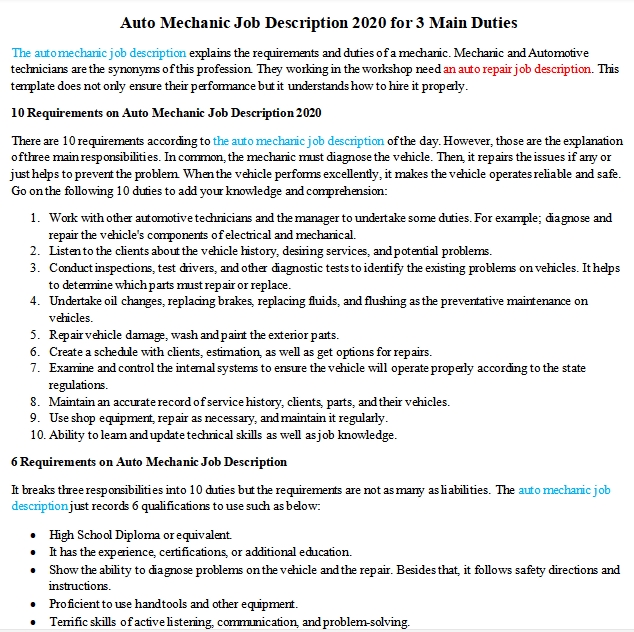 Auto Mechanic Job Description 2020 for 3 Main Duties room