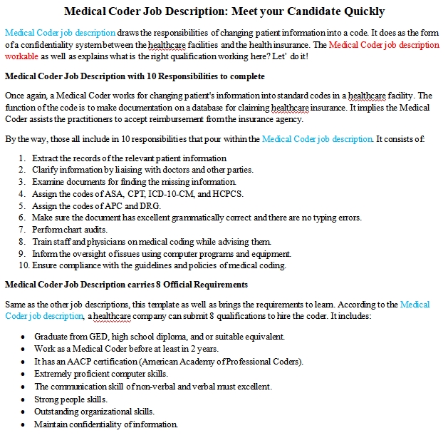 Medical Coder Job Description Meet your Candidate Quickly room