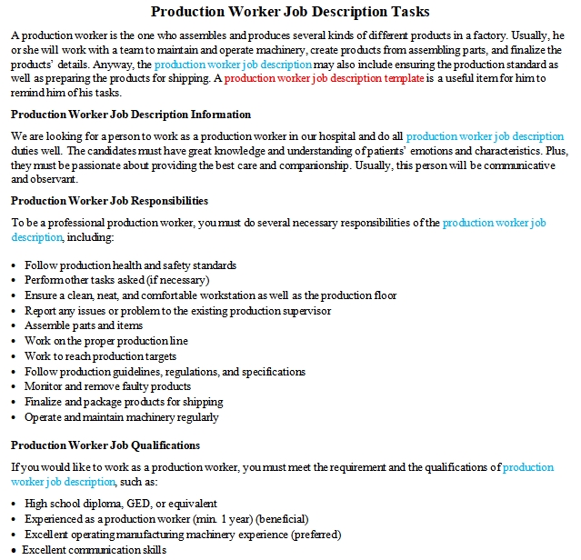 Production Worker Job Description Tasks Room Surf