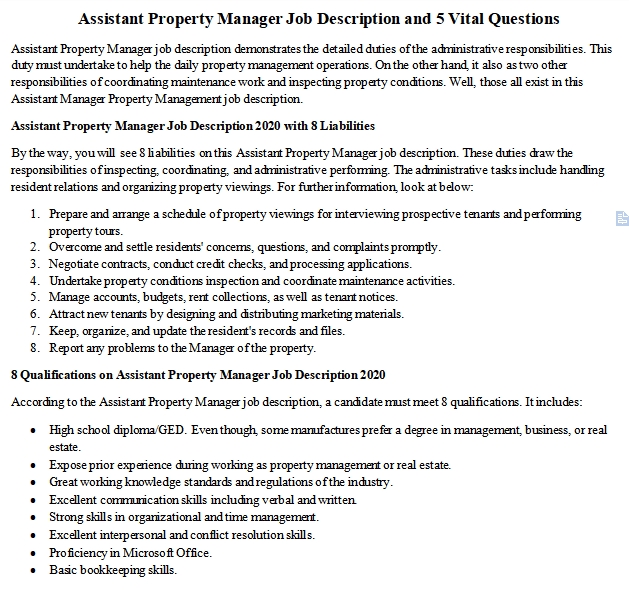 Assistant Property Manager Job Description and 5 Vital