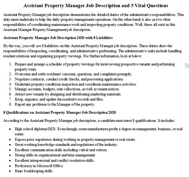 Assistant Property Manager Duties