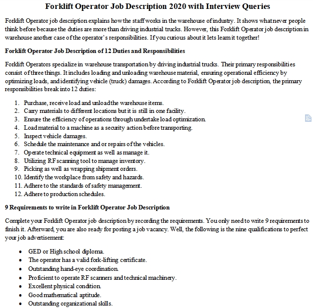 Forklift Operator Job Description 2020 with Interview Queries room