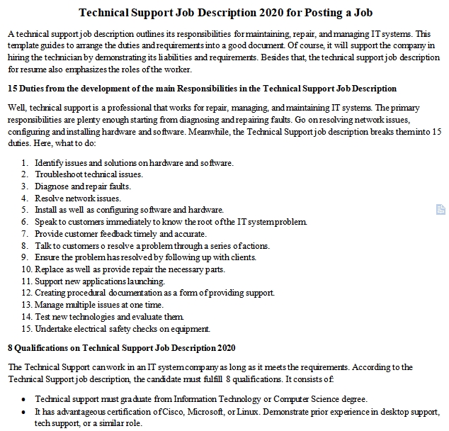 Technical Support Job Description 2020 for Posting a Job room