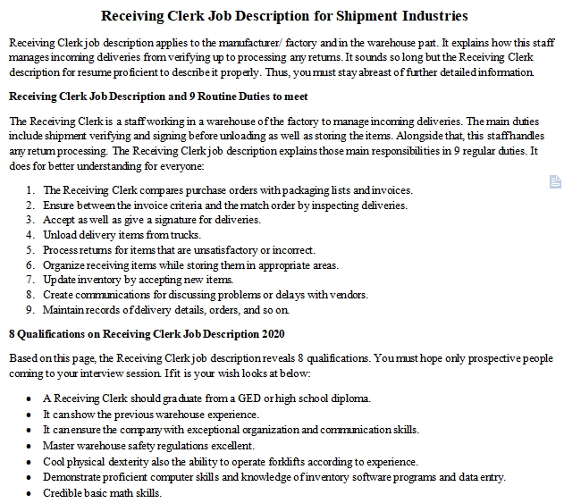 Receiving Clerk Job Description for Shipment Industries room