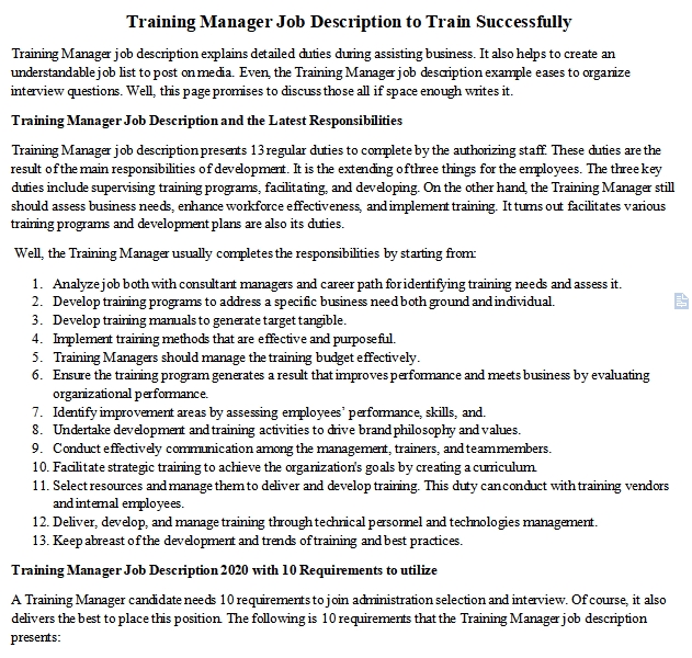 Safety And Training Manager Job Description