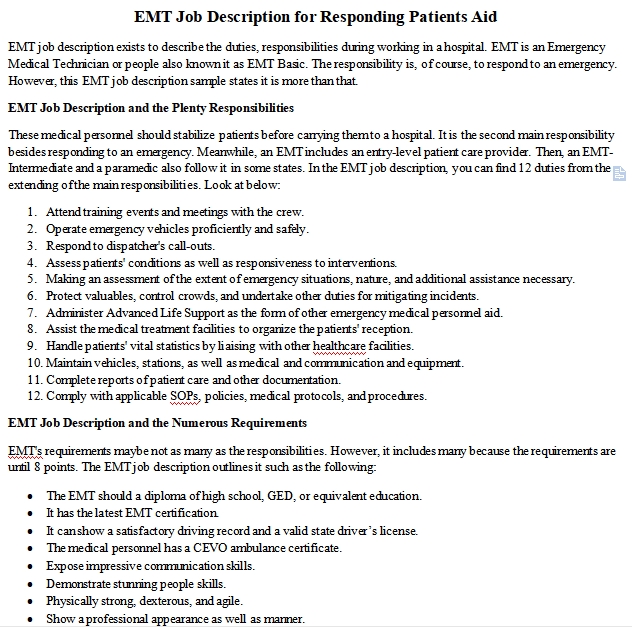 EMT Job Description for Responding Patients Aid room