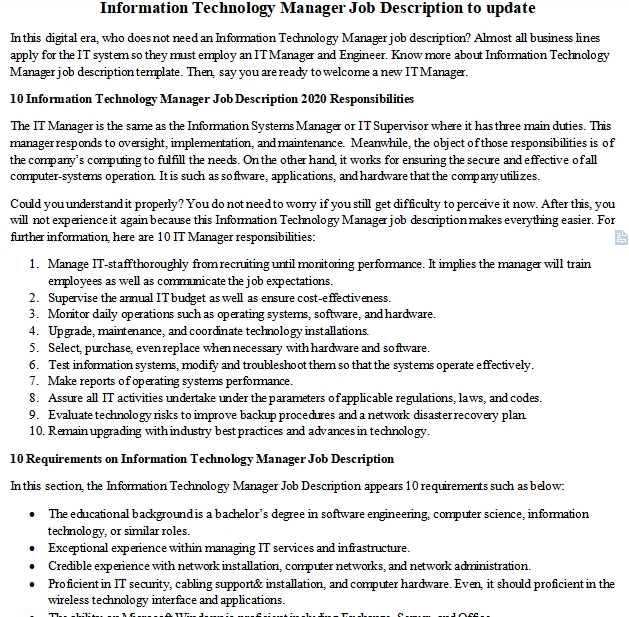 Information Technology Manager Job Description To Update Room Surf