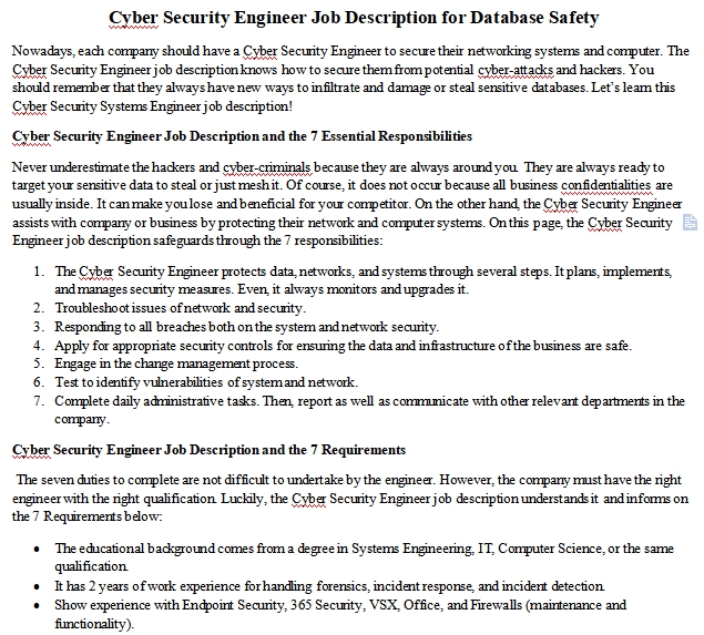 Cyber Security Engineer Job Description For Database Safety Room Surf