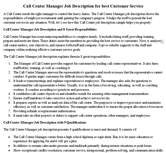 call center customer service job duties