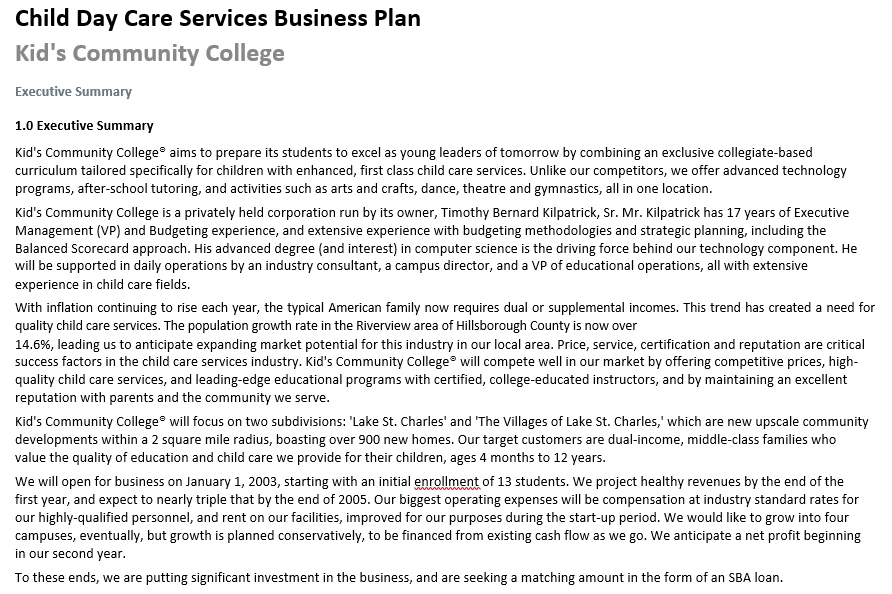 Editable Daycare Business Plan Template room