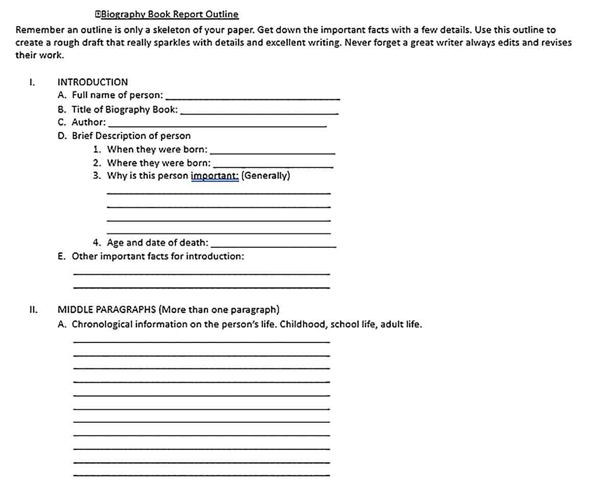Various Free Sample Biography Outline Documents  room surf.com Throughout Story Skeleton Book Report Template