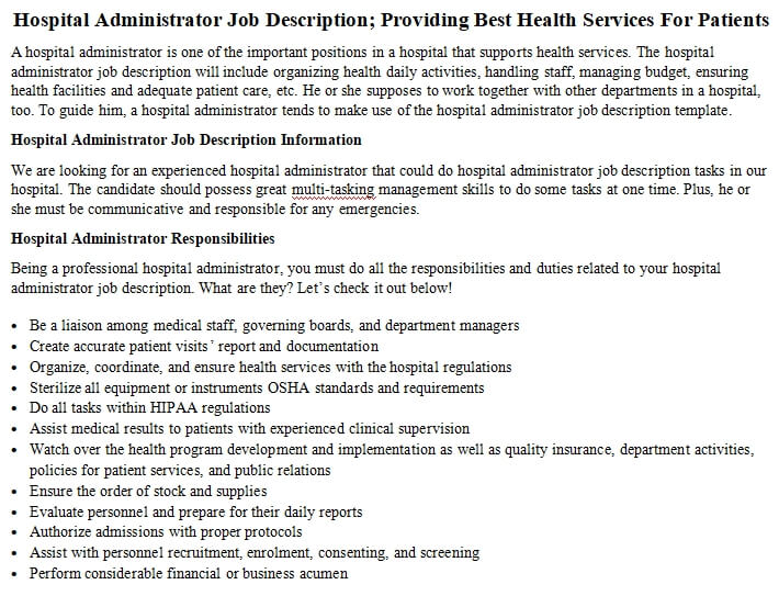 Hospital administrator job description education
