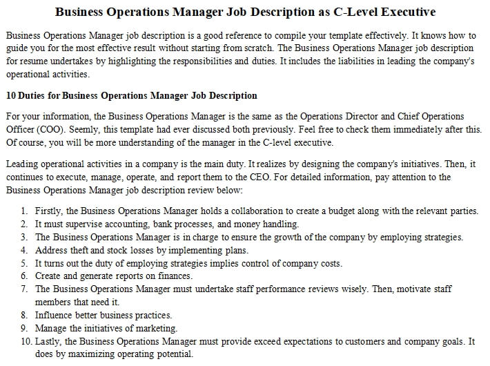 Business Operations Manager Job Description as C-Level Executive | room