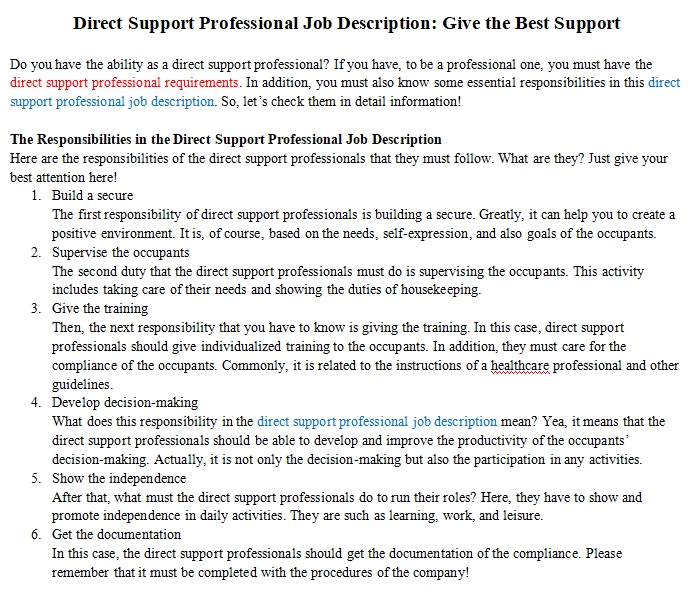 Direct support worker job description
